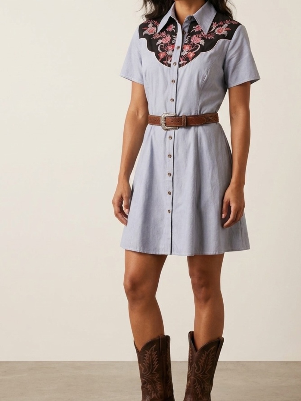 Boozelele western floral button down short sleeve mini dress